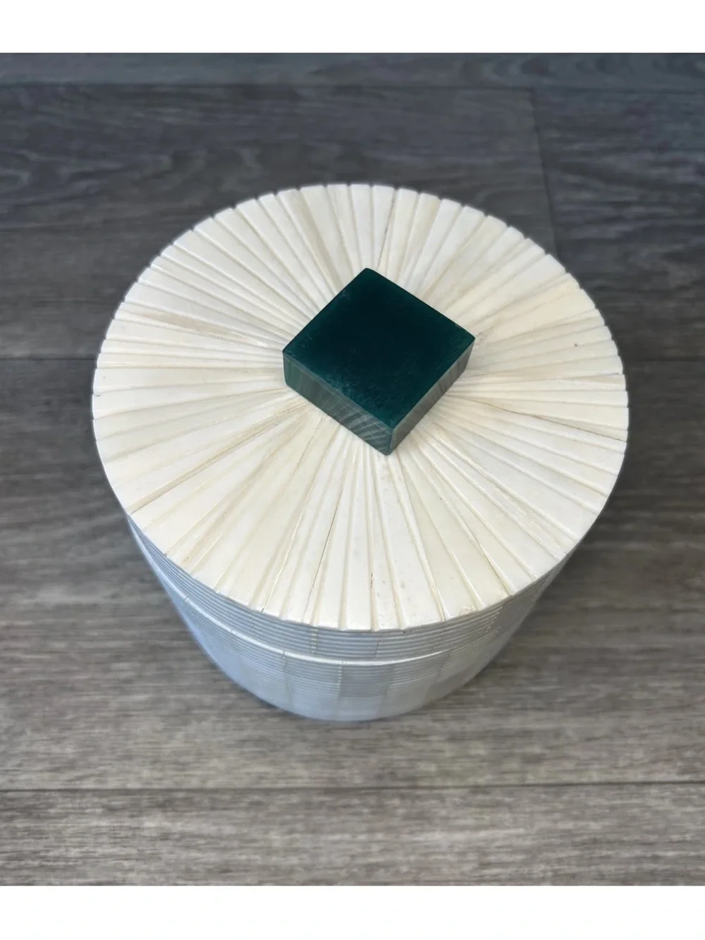 Vintage Indian Bone Tile Trinket Box White Sunburst Green Finial 5”